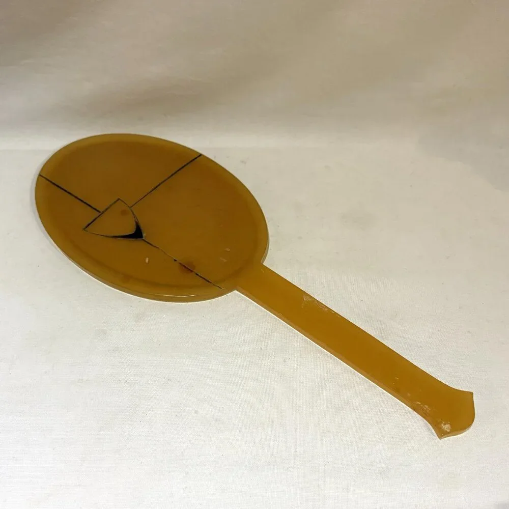 Vintage Celluloid Butterscotch Handheld Oval Vanity Mirror